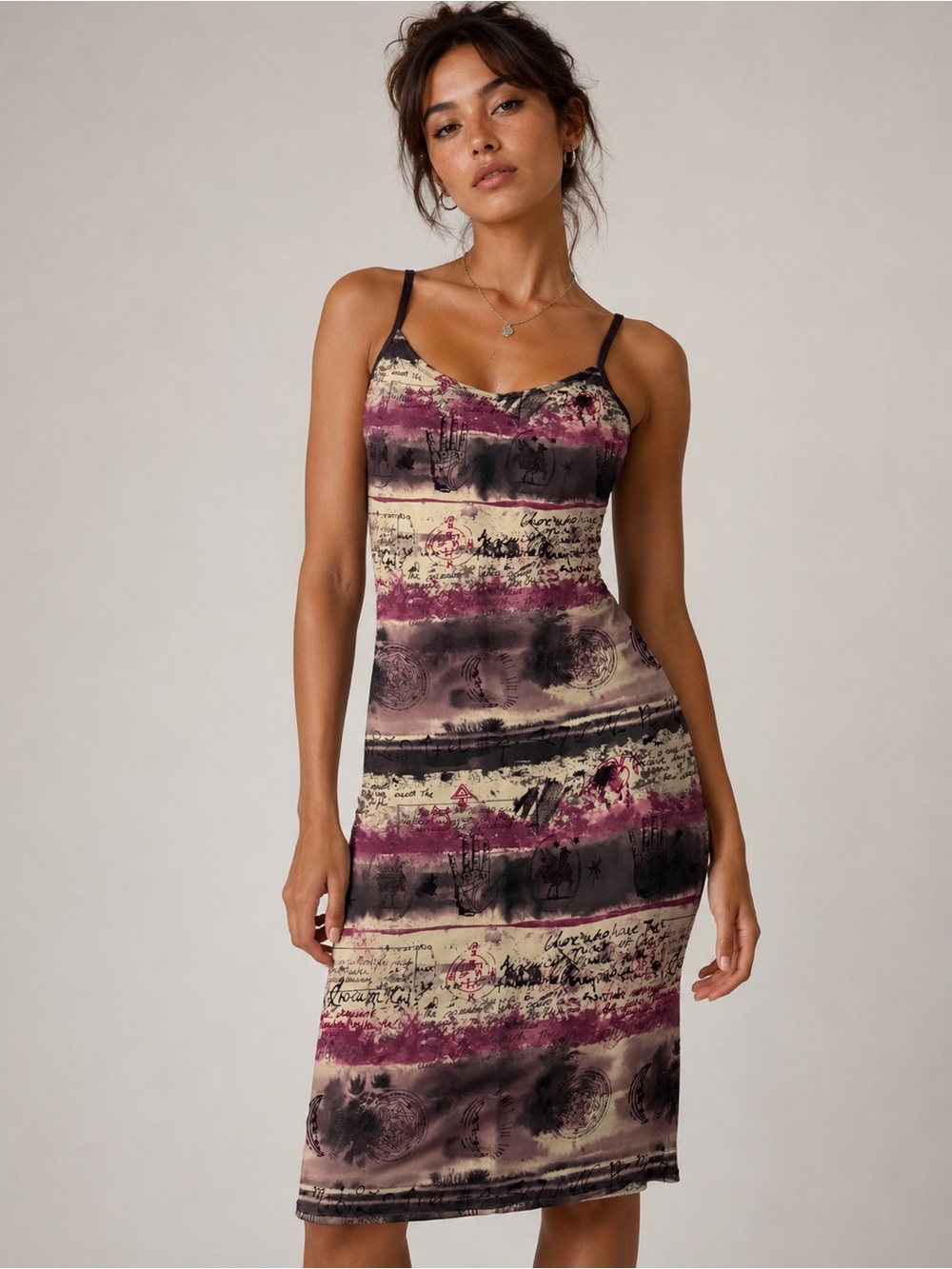Y2K Sleeveless V-Neck Midi Dress in whitchy celestial print
